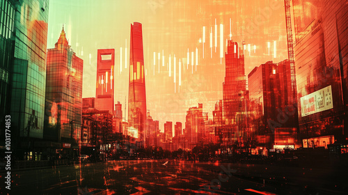 China's Economic Collapse Visualized by Plummeting Stock Markets and Closed Businesses, Indicating Widespread Financial Instability and Losses