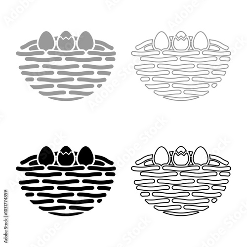 Bird's nest bird with egg set icon grey black color vector illustration image solid fill outline contour line thin flat style