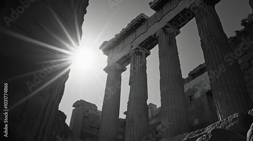 The Parthenon ruins reflecting the bright midday sun casting sharp shadows across the ancient columns and stonework. photo