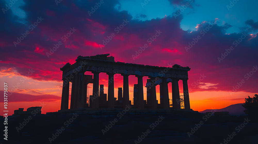Fototapeta premium The Parthenon silhouetted against the vibrant colors of the sunset on the Acropolis with a glowing sky above Athens.
