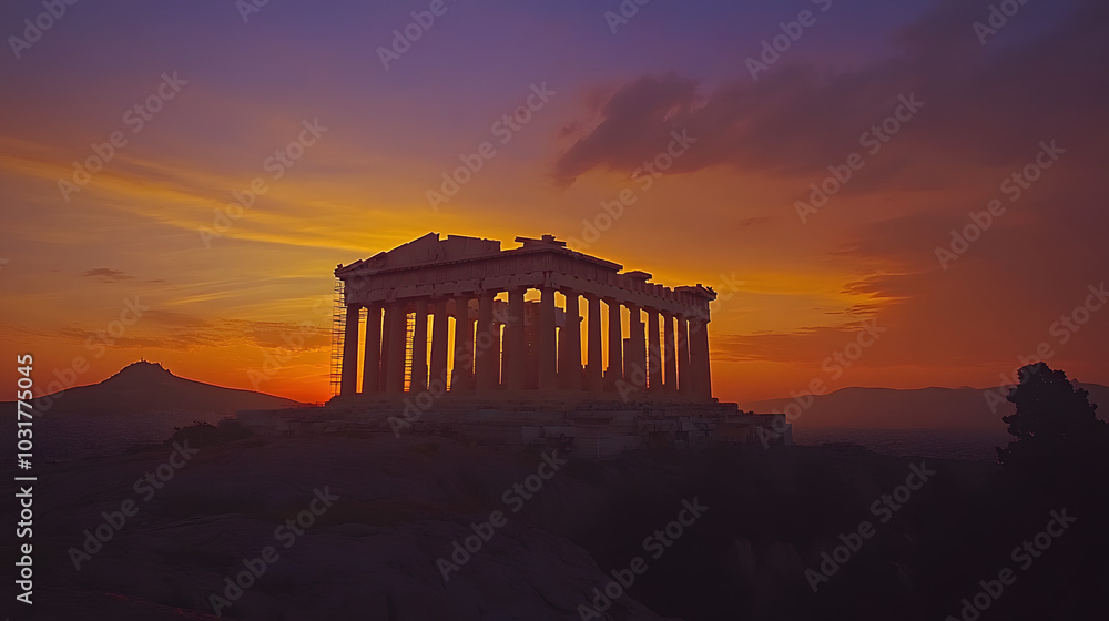 Obraz premium The Parthenon silhouetted against the vibrant colors of the sunset on the Acropolis with a glowing sky above Athens.