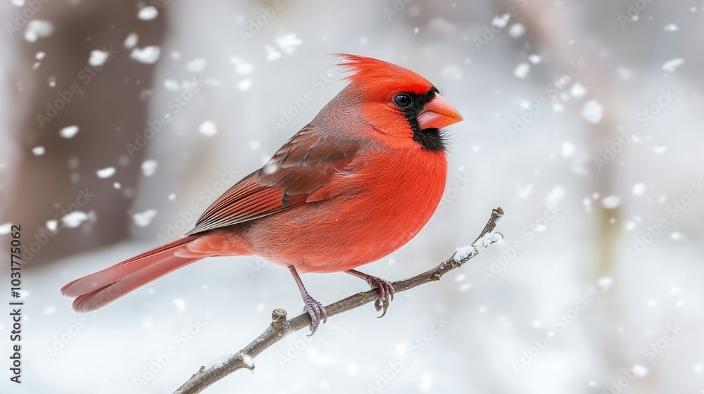 A vibrant cardinal perched on a snowy branch, surrounded by falling snowflakes, showcasing its striking red plumage in a winter wonderland. A vibrant cardinal perched on a snowy branch, surrounded by falling snowflakes, showcasing its striking red plumage in a winter wonderland.