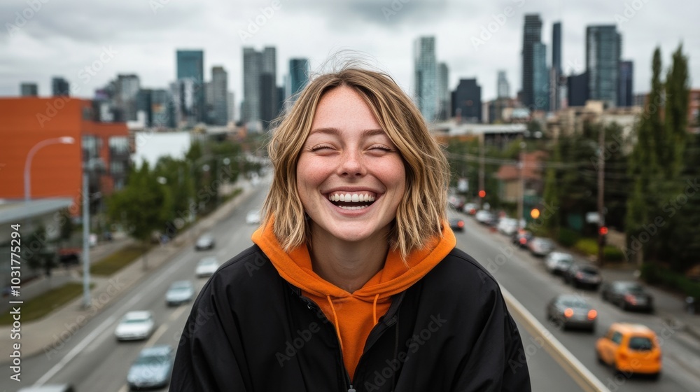 Fototapeta premium Smiling woman in an orange hoodie with a city skyline backdrop, AI