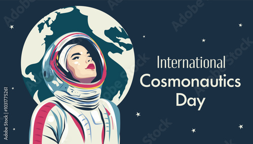 Cosmonautics Day. April 12. Woman astronaut in a spacesuit against the background of the starry sky. Vector illustration, postcard