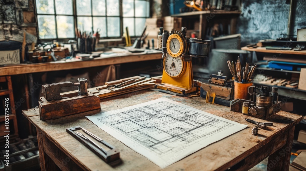Fototapeta premium Vintage Workshop with Blueprints