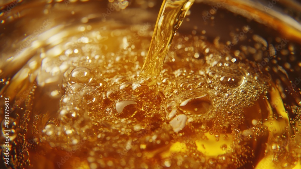 Close-up of golden liquid pouring into a glass with bubbles Close-up of golden liquid pouring into a glass with bubbles