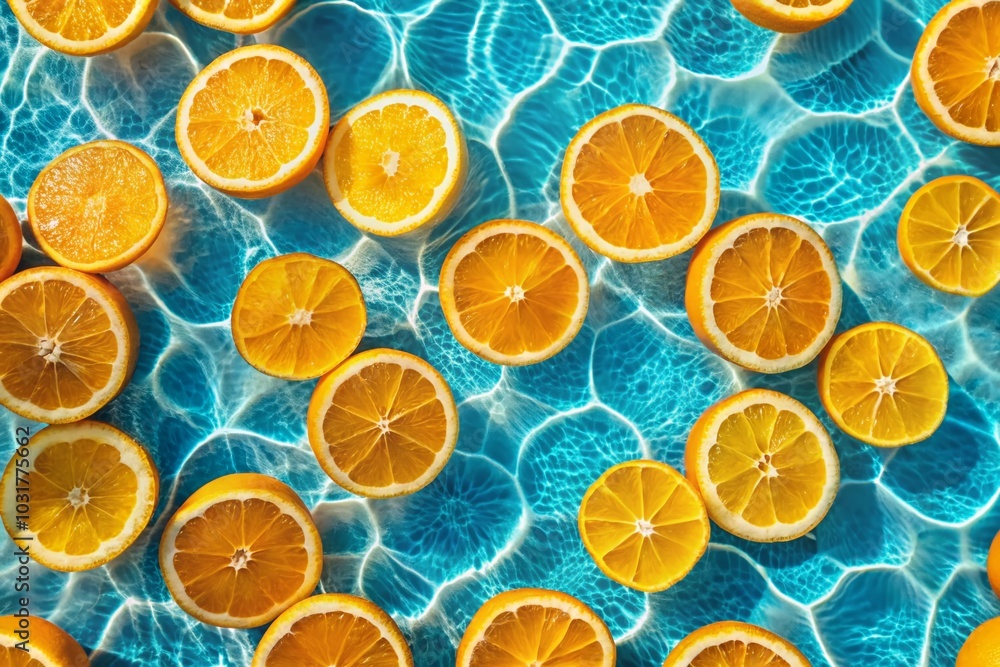 Vibrant Summer Pool Scene with Orange Fruit Slices for Refreshing Backgrounds Vibrant Summer Pool Scene with Orange Fruit Slices for Refreshing Backgrounds