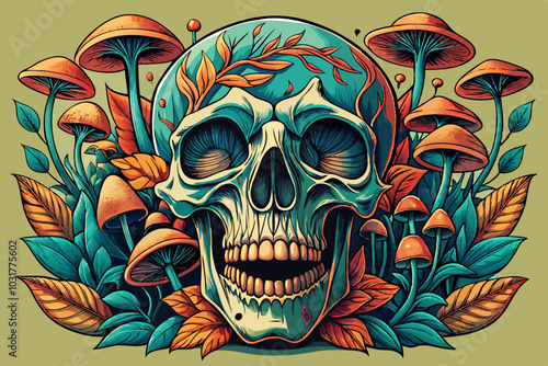 human skull vector with mushrooms growing inside, natural elements with macabre, ilustration cartoon background