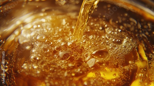 Close-up of golden liquid pouring into a glass with bubbles