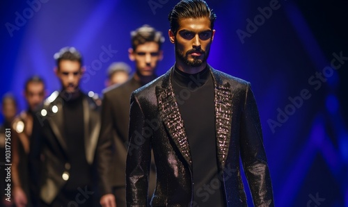 Male model in a black sequined suit. photo