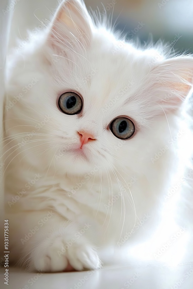 A white kitten with blue eyes lies on the floor, gazing at the camera with a serious expression A white kitten with blue eyes lies on the floor, gazing at the camera with a serious expression