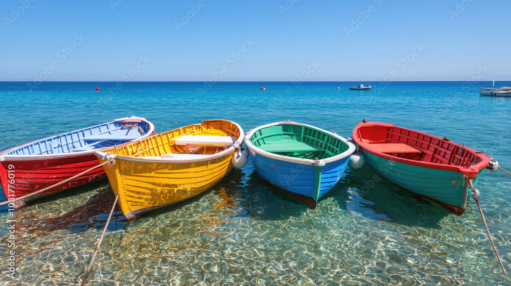 Vibrant boats in vivid colors rest on clear waters, showcasing a peaceful seaside scene under a bright blue sky. Vibrant boats in vivid colors rest on clear waters, showcasing a peaceful seaside scene under a bright blue sky.