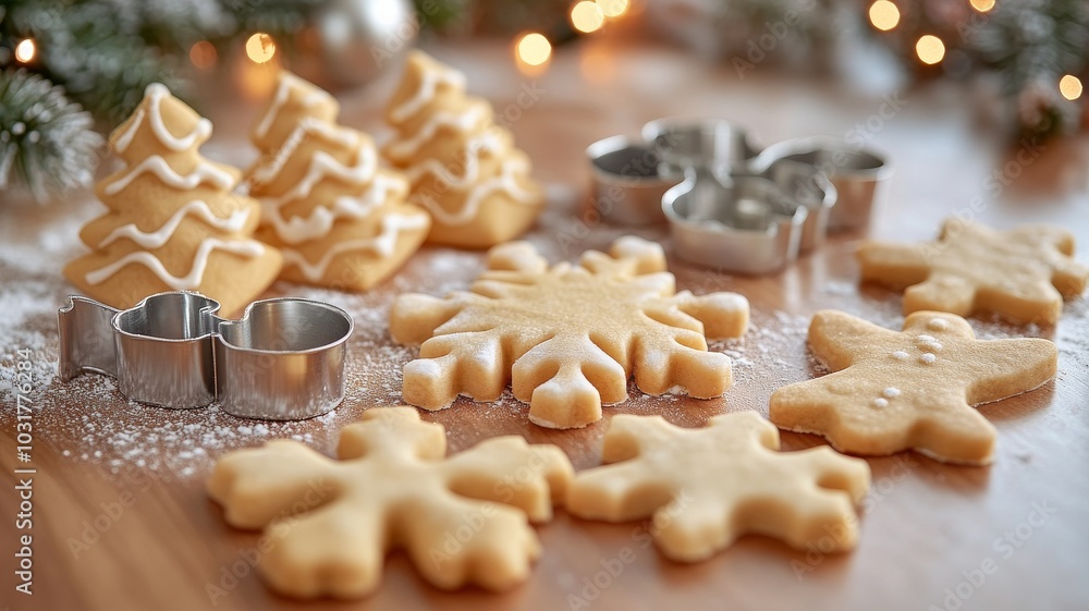 A set of holiday-themed cookie cutters--Christmas trees, snowflakes, and gingerbread people--arranged on a countertop with some half-cut dough A set of holiday-themed cookie cutters--Christmas trees, snowflakes, and gingerbread people--arranged on a countertop with some half-cut dough
