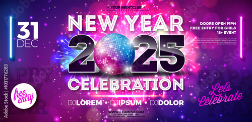 Happy New Year 2025 Party Celebration Banner Template Illustration with Shiny Disco Ball and 3d Typography Lettering on Firework Background. Vector New Year Eve Holiday Design. Premium Invitation
