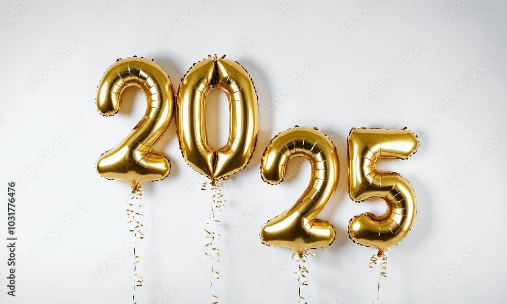 Gold foil number balloons forming the year 2025 Gold foil number balloons forming the year 2025