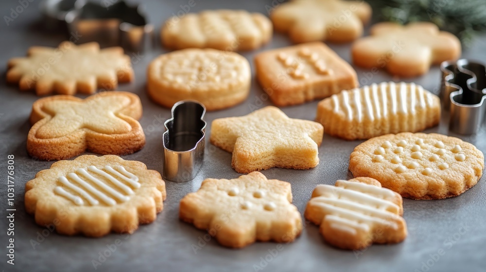 A set of freshly baked cookies in various shapes, placed next to their corresponding cookie cutters A set of freshly baked cookies in various shapes, placed next to their corresponding cookie cutters