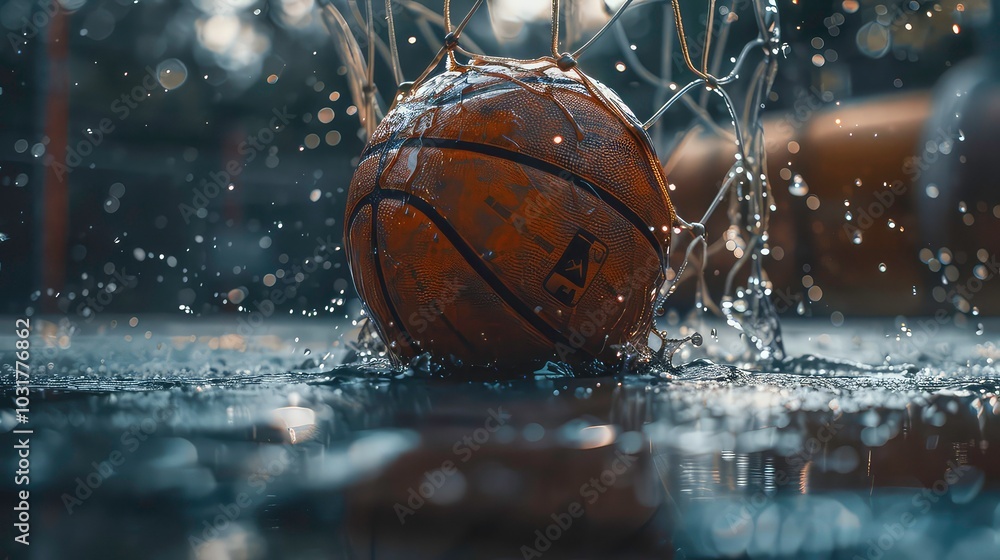 A close-up shot of a basketball splashing into water, with a blurred net in the background. A close-up shot of a basketball splashing into water, with a blurred net in the background.