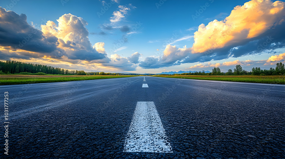 Fototapeta premium Asphalt Road Leading Through Lush Green Fields Under a Cloudy Sky - Realistic Image