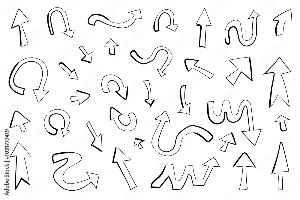 Black and white arrows point in various directions and various arrow shapes, straight, curved, circular, curved Black and white arrows point in various directions and various arrow shapes, straight, curved, circular, curved