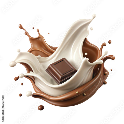 Realistic Milk and chocolate splash swirls and flow. Melted brown choco and milky waves with drops png background