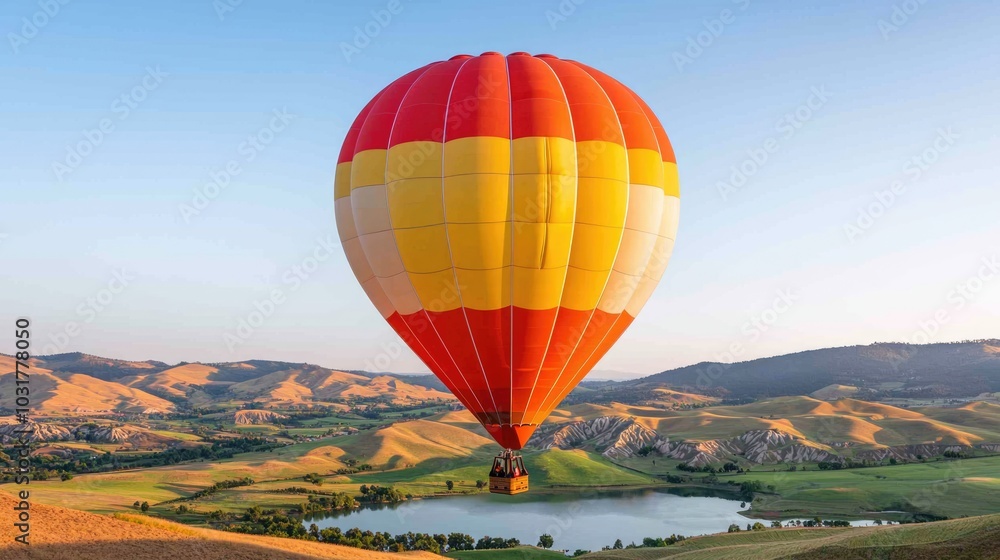 A vibrant hot air balloon floats above scenic hills and a tranquil lake during a clear sunrise. A vibrant hot air balloon floats above scenic hills and a tranquil lake during a clear sunrise.