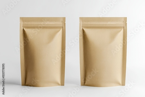 Two brown paper bags with ziplock closures, isolated against white background. Ideal for themes of zero waste, natural and sustainable packaging, and environmentally conscious products. photo