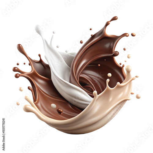 Realistic Milk and chocolate splash swirls and flow. Melted brown choco and milky waves with drops png background