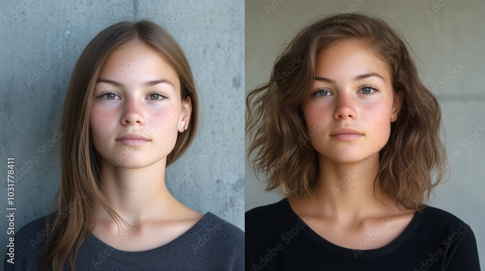Close-up portraits of a young girl with brown hair, soft natural lighting Close-up portraits of a young girl with brown hair, soft natural lighting