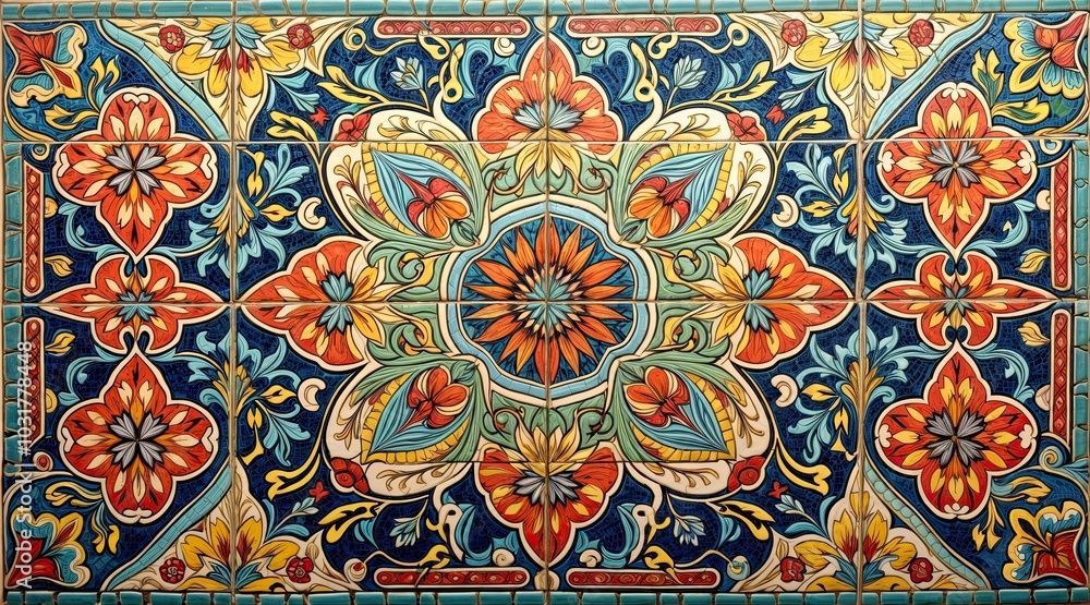 Floral pattern on ceramic tiles, floor decoration in an old house in oriental style, concept for space design Floral pattern on ceramic tiles, floor decoration in an old house in oriental style, concept for space design