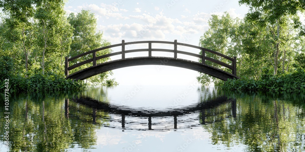 Wooden Bridge Over Still Water with Reflections and Overcast Sky Wooden Bridge Over Still Water with Reflections and Overcast Sky