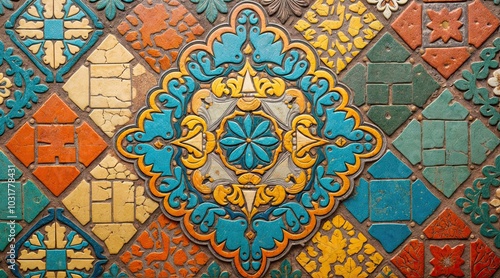 Wallpaper Mural Bright floral pattern of ceramic tiles, floor design in an old house in oriental style, concept for space design Torontodigital.ca