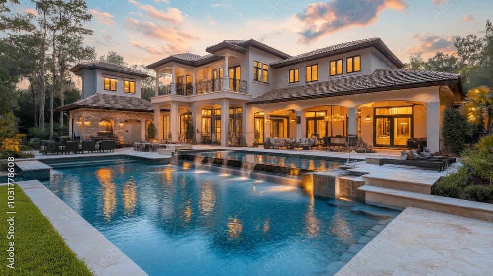 Luxurious Modern Mansion with Pool at Sunset Luxurious Modern Mansion with Pool at Sunset