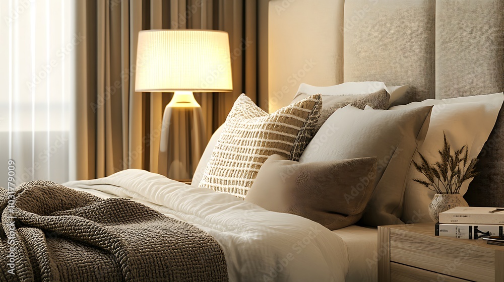 Elegant and Cozy Modern Bedroom Interior Design with Stylish Decor, mockup, poster and Background Elegant and Cozy Modern Bedroom Interior Design with Stylish Decor, mockup, poster and Background