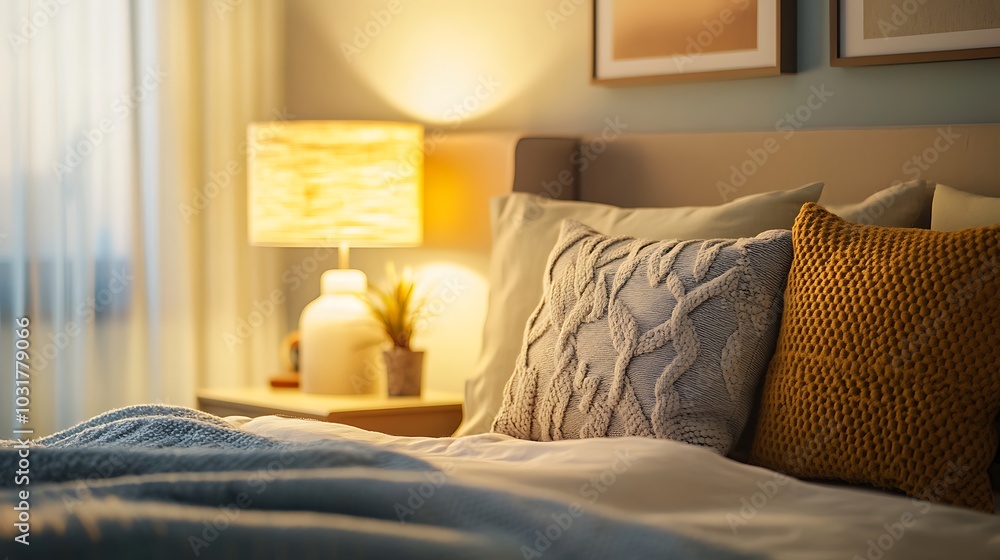 Fototapeta premium Elegant and Cozy Modern Bedroom Interior Design with Stylish Decor, mockup, poster and Background