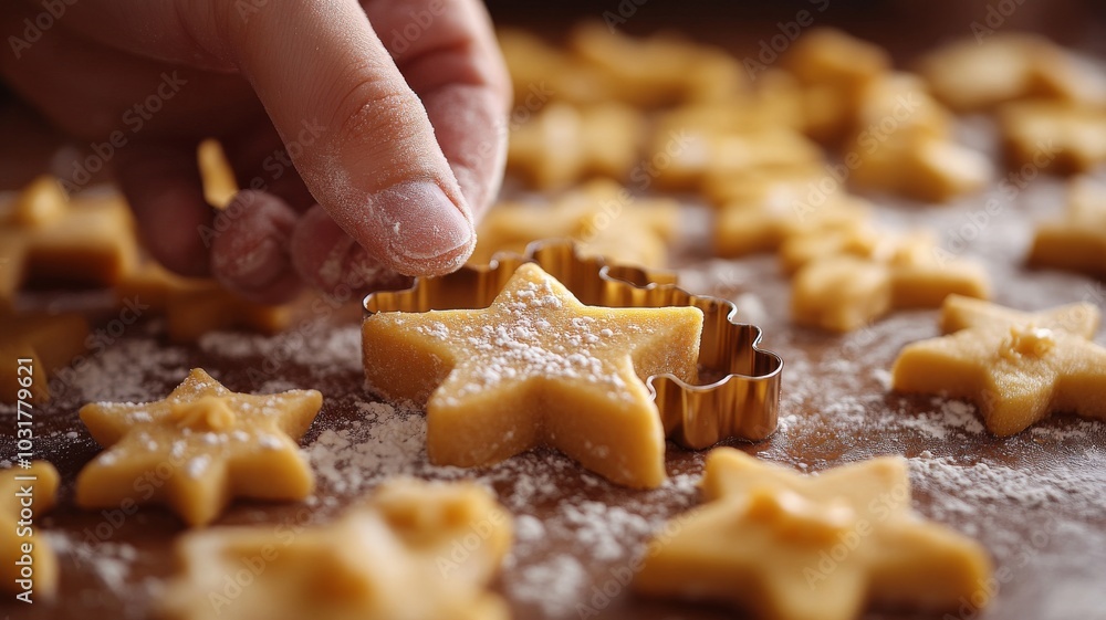 A close-up of a cookie cutter being pressed into dough, with the hand of a baker applying gentle pressure A close-up of a cookie cutter being pressed into dough, with the hand of a baker applying gentle pressure