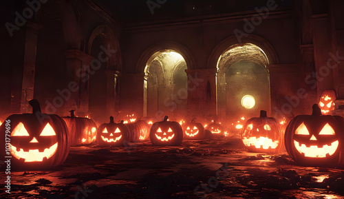 Jack-O'-Lanterns in an Abandoned Church. photo