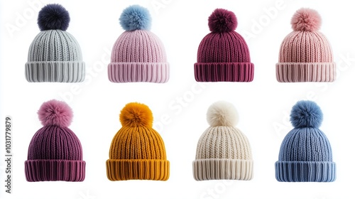 Collection of colorful knitted beanie hats with pom-poms on a white background