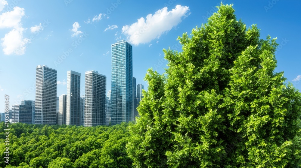 Fototapeta premium Green Cityscape Modern Skyscrapers with Lush Foliage
