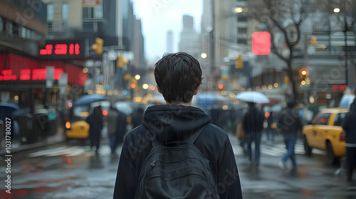 Rainy City Street with Lone Man.