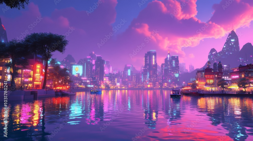 Obraz premium Vibrant Neon Cityscape at Dusk
