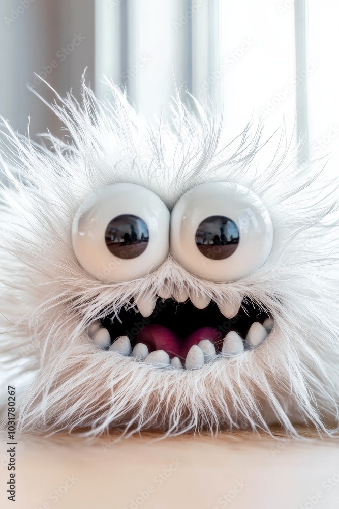 Obraz premium A tight shot of a plush toy featuring large, expressive eyes and a soft, textured coat atop a table Behind it, a window offers a peek into an outdoor scene