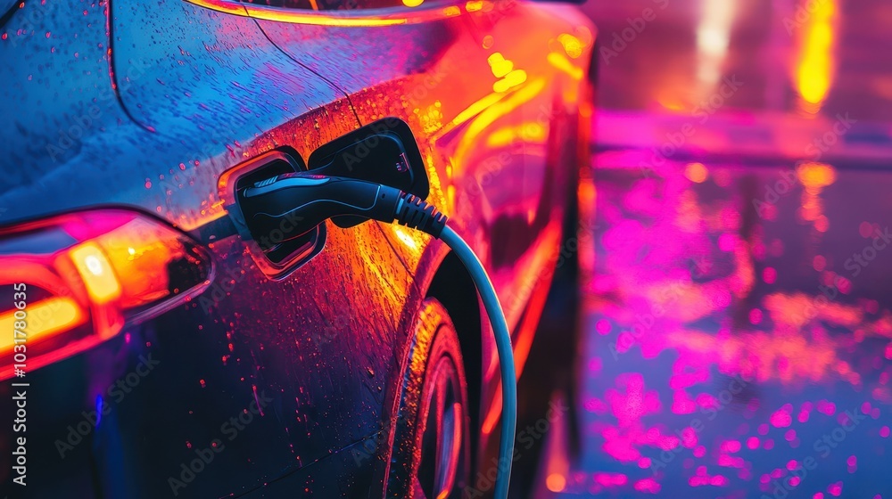 Neon Electric Car Charger Close-Up at Night Neon Electric Car Charger Close-Up at Night