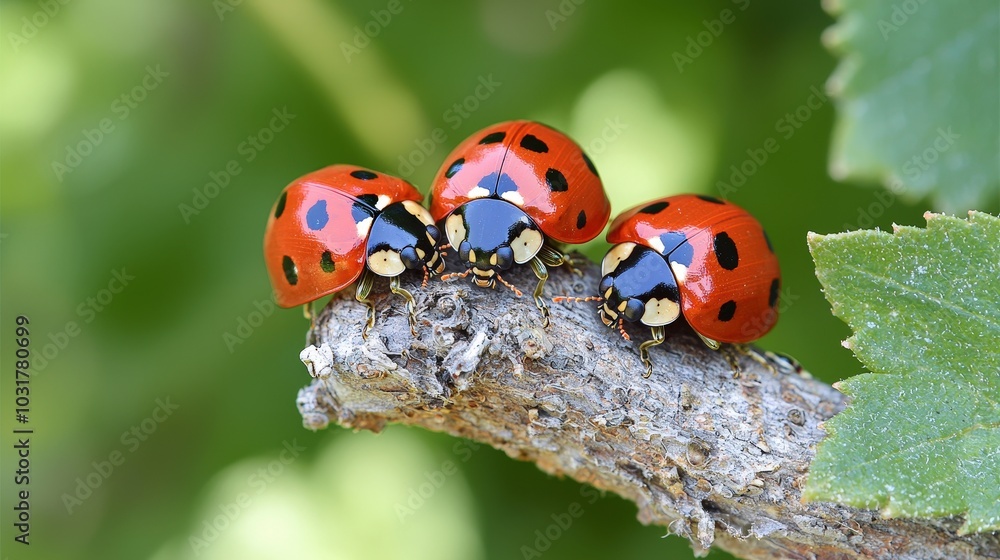 Three Ladybugs on a Branch with Green Leaves Background Three Ladybugs on a Branch with Green Leaves Background