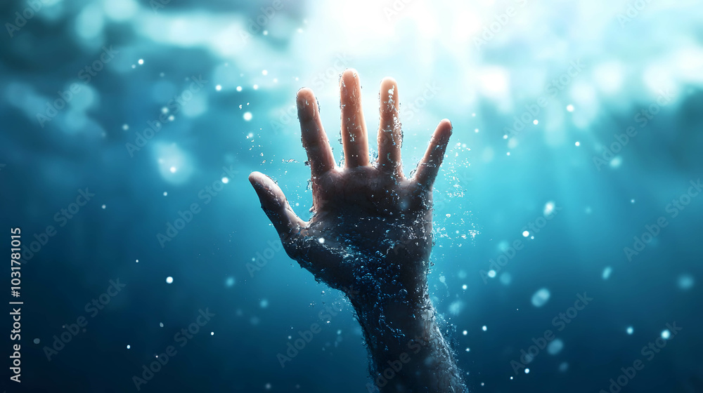 A figure drowning in a sea of external expectations, with hands reaching out for help. A figure drowning in a sea of external expectations, with hands reaching out for help.