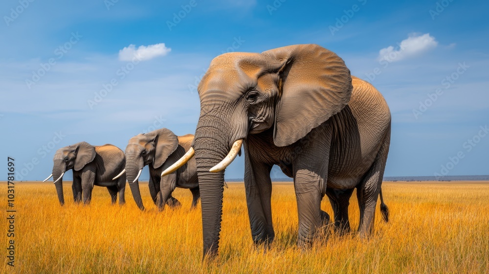 Fototapeta premium A majestic group of elephants walks through golden grass under a bright blue sky, showcasing their grandeur in a natural habitat.