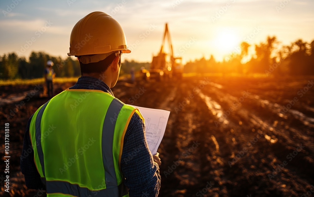 Construction worker inspecting site at sunset, wearing safety gear, holding plans, landscape in background. Construction worker inspecting site at sunset, wearing safety gear, holding plans, landscape in background.