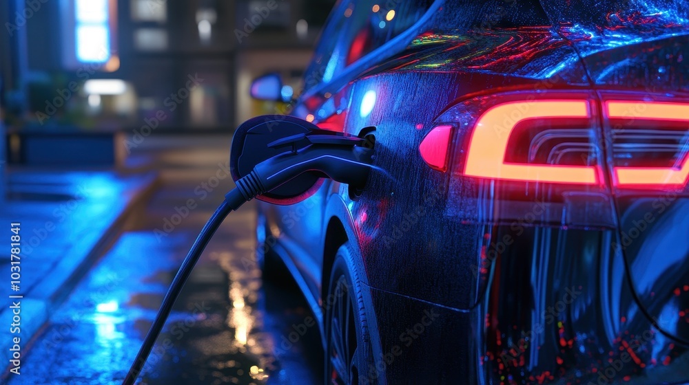 Fototapeta premium Electric Car Charger Close-Up with Neon Lights