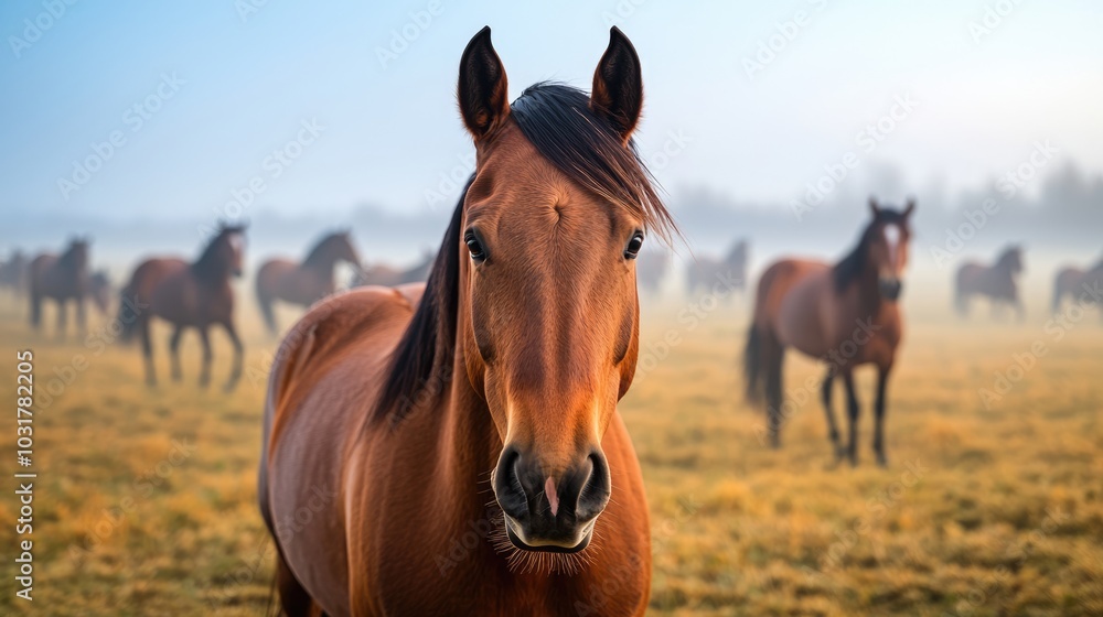 A serene scene featuring a brown horse in the foreground, surrounded by a misty meadow filled with other horses in the background. A serene scene featuring a brown horse in the foreground, surrounded by a misty meadow filled with other horses in the background.