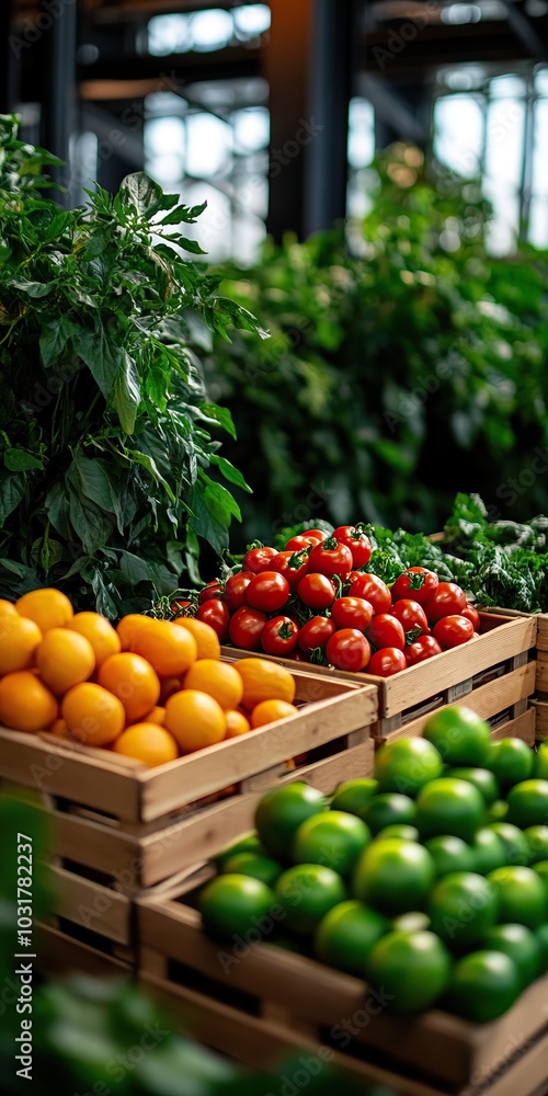 Fresh fruits in wooden crates. Vibrant oranges, tomatoes, and limes among lush green plants. Fresh fruits in wooden crates. Vibrant oranges, tomatoes, and limes among lush green plants.