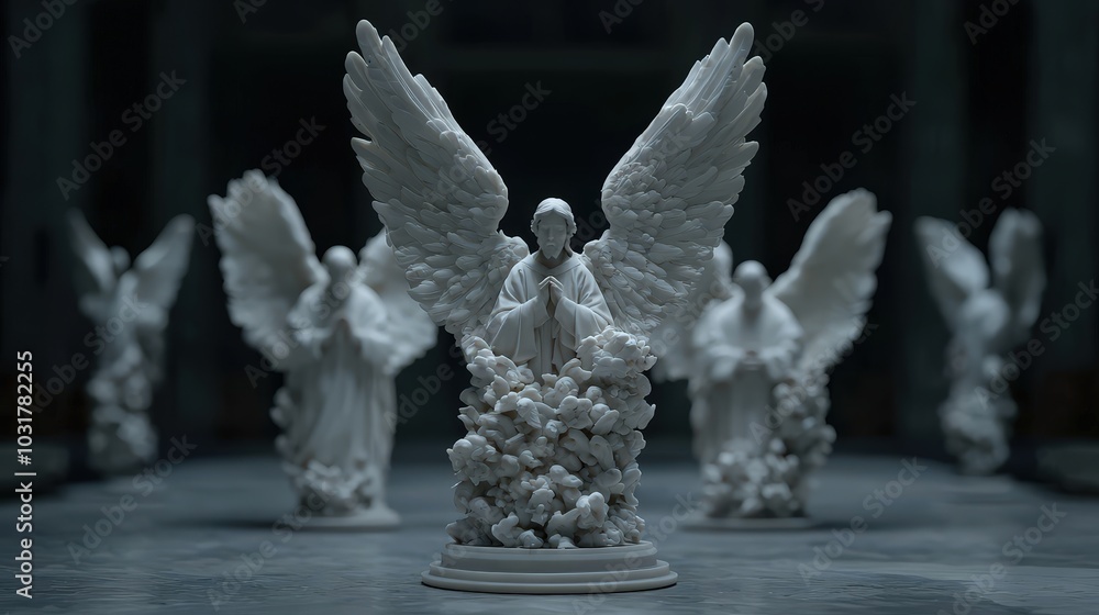 Fototapeta premium Angelic Congregation White Marble Statues of Praying Angels in Dark Setting